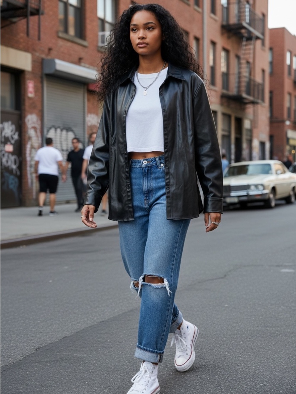 Vintage Black Faux Leather 90’s Biker Babe Tailored Shirt Jacket